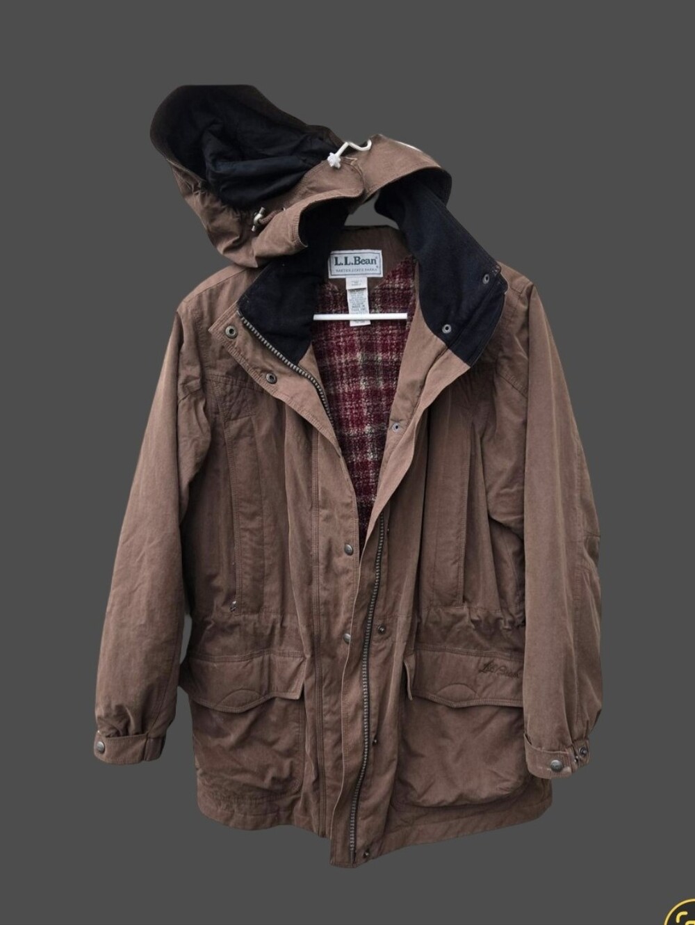 L.L. Bean Brown Hooded Field Coat with Plaid Lining